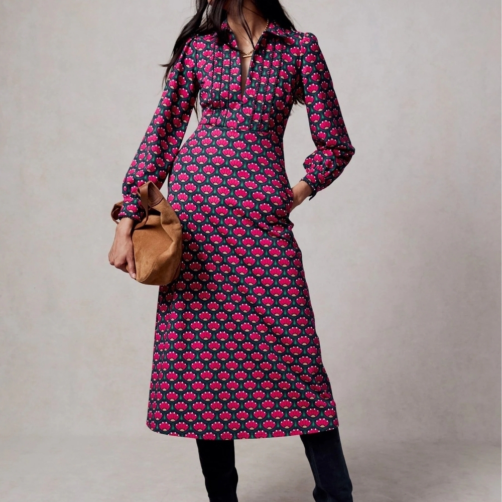 Boden Pink and Black Floral Long Sleeve Dress